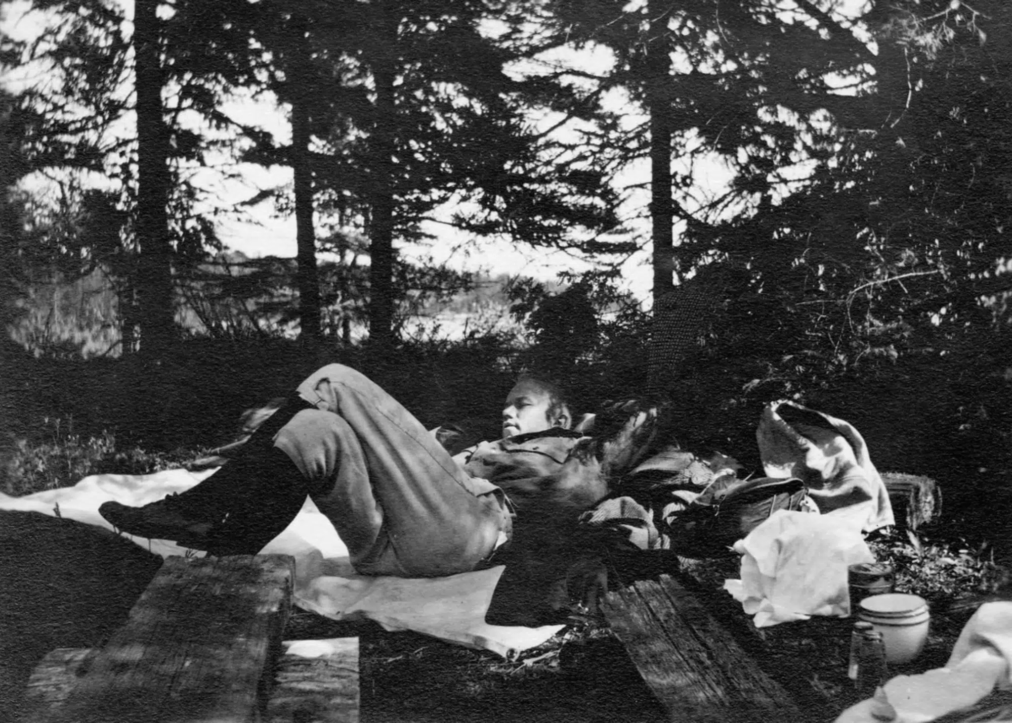Carl Leopold Jr., Aldo’s brother, at a campsite in Les Cheneaux. ca. 1900-09.