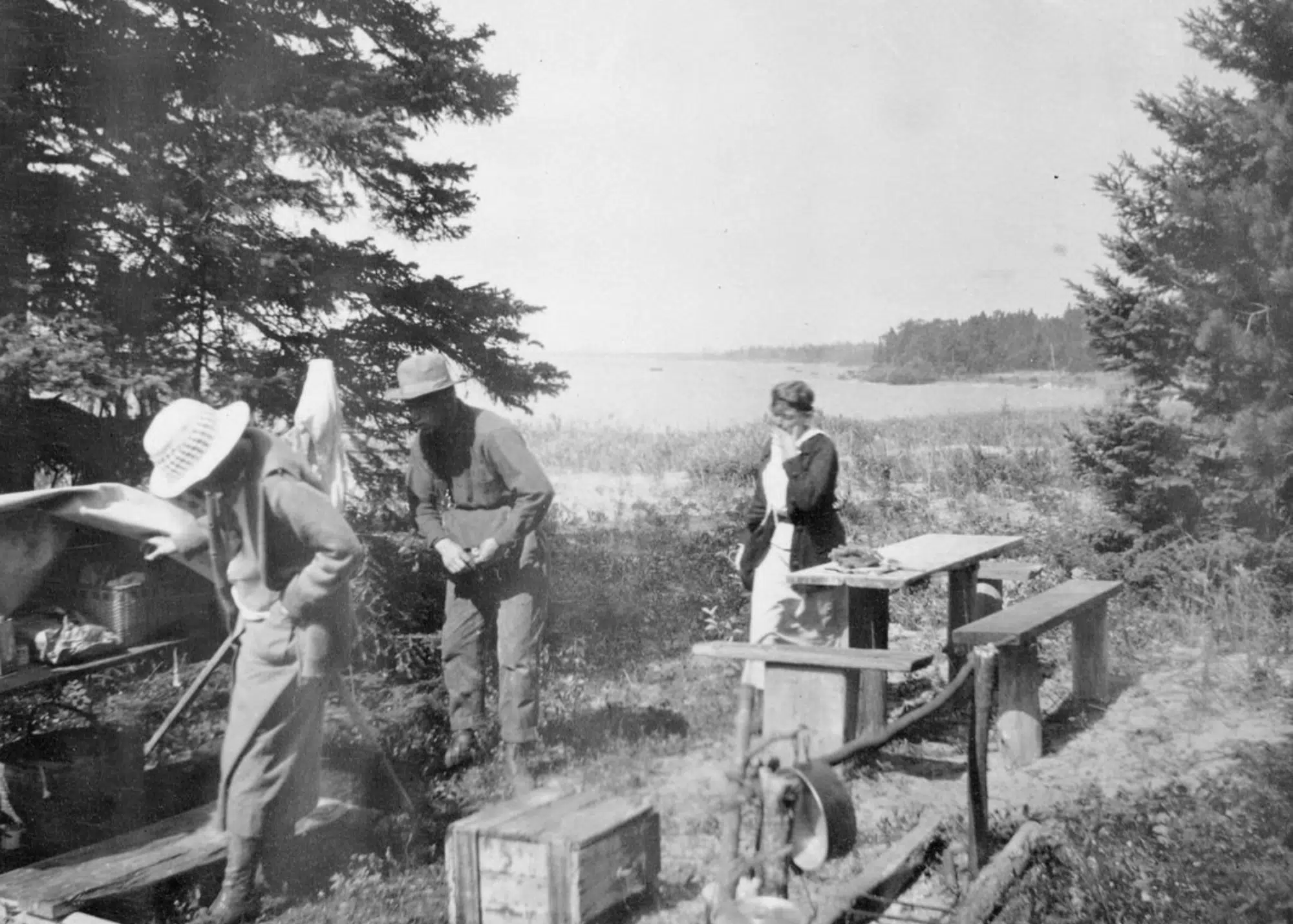 People at a camp in Les Cheneaux, part of the Leopold family photos, ca. 1900-09.