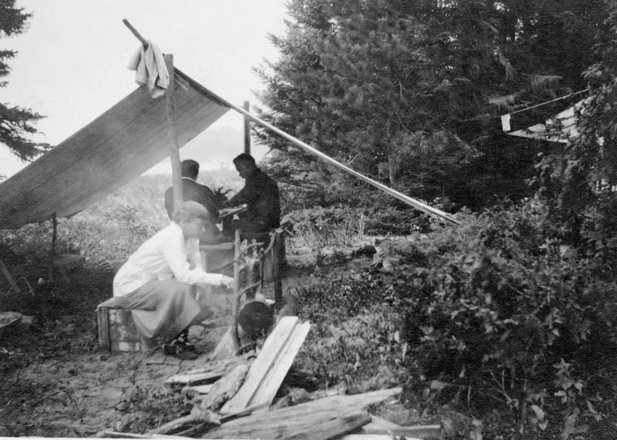 Aldo’s sister, Marie Leopold and other relatives on vacation, camping in Les Cheneaux, ca. 1909-19.